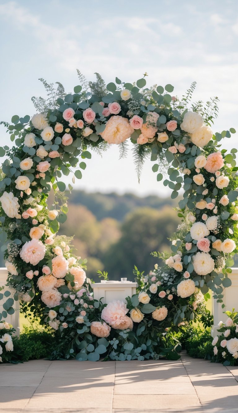 Large circular floral wreath decorated with pastel flowers used as a wedding altar backdrop outdoors.